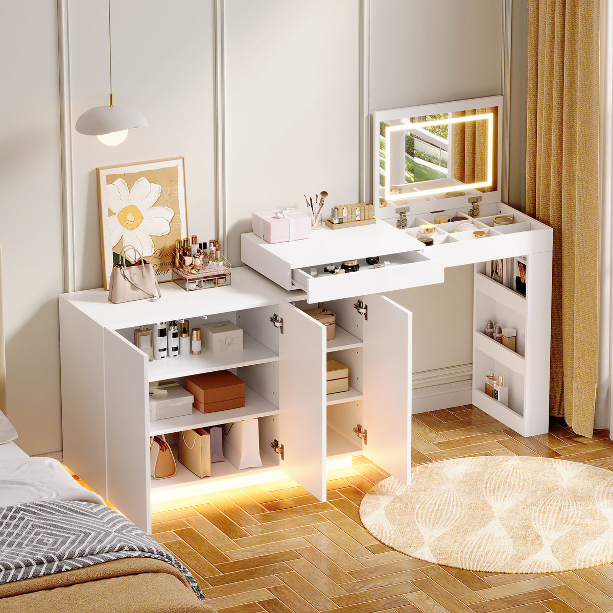 L-Shaped Rotating Vanity Table with LED Lighting, High-Gloss White