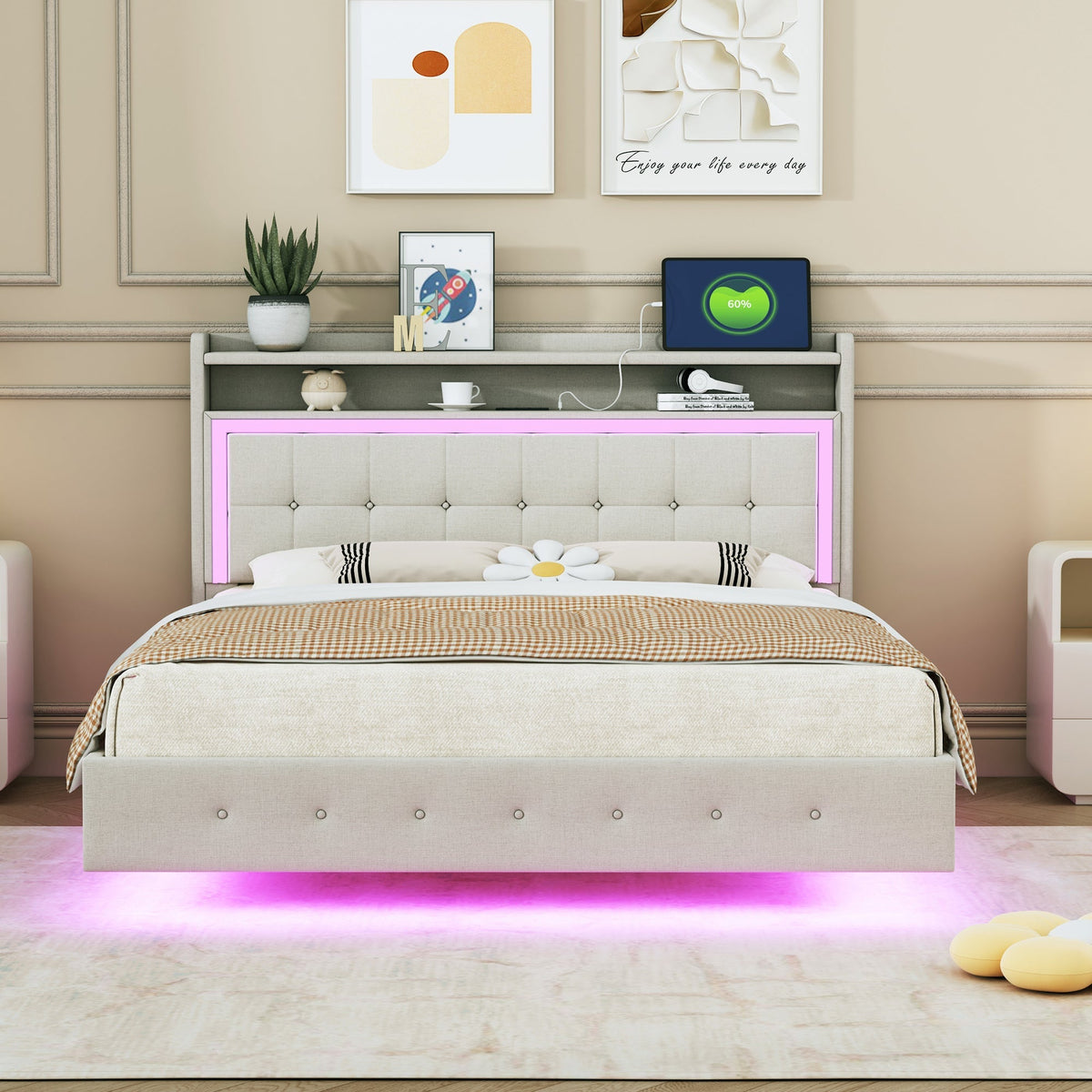 Upholstered Bed 140*200 with USB & LED Light, Linen Beige