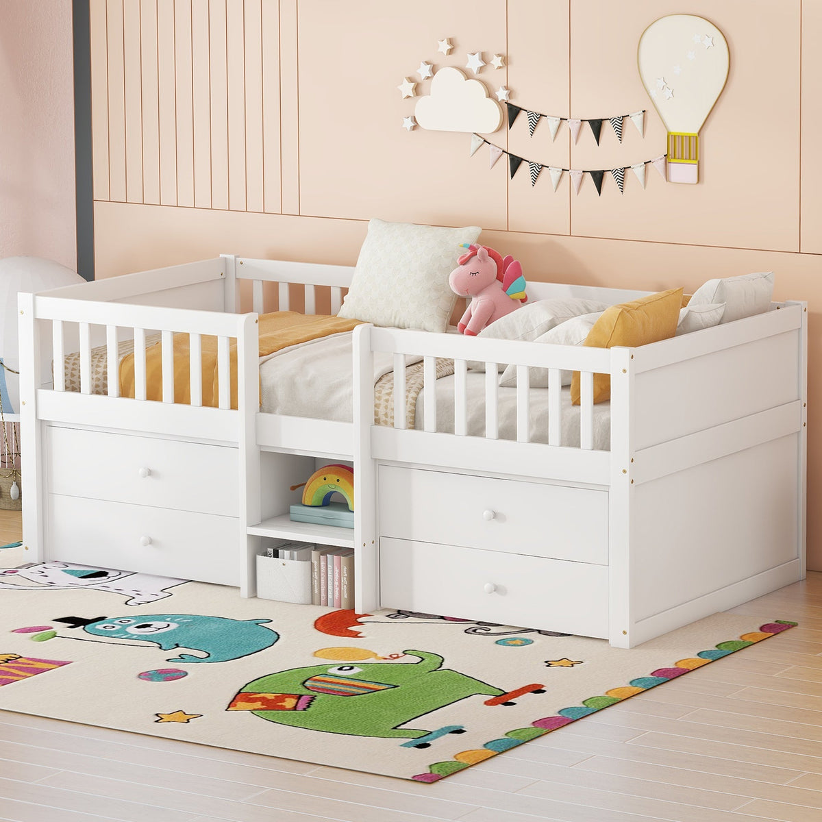 Mid-height Bed 90x200cm 4 Drawers Railing Ladder Pine Wood White