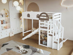 Bunk Bed, Children's with Window, Slide, Stairs & Storage, Pine + MDF, White + Brown, 90 x 200 cm