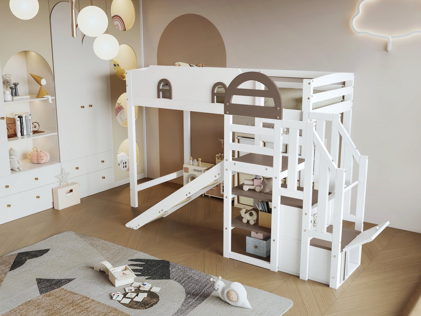 Bunk Bed, Children's with Window, Slide, Stairs & Storage, Pine + MDF, White + Brown, 90 x 200 cm
