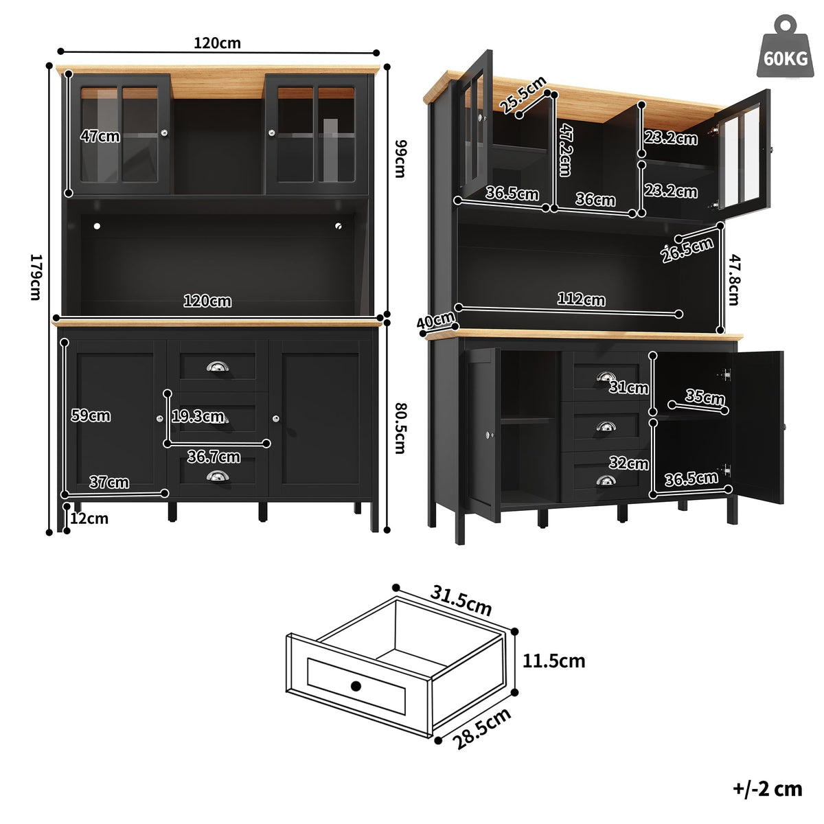 Tall Sideboard with LED Lighting, 4 Doors and 3 Drawers, White and Black