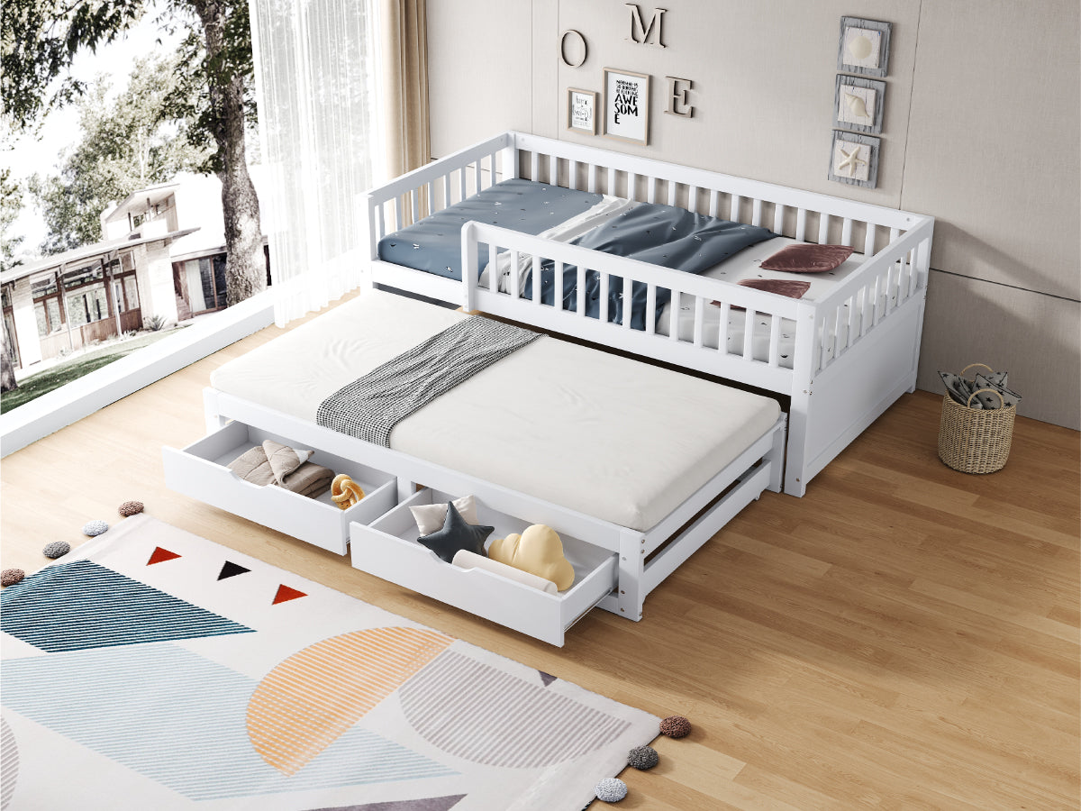 Solid Wood Sofa Bed 90x200cm with Pull-Out Bed & 2 Drawers, White