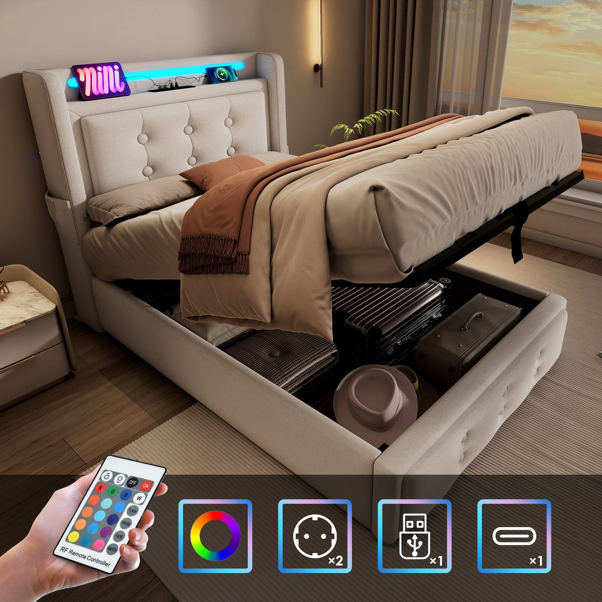 Upholstered Single Bed 90x200 LED USB Hydraulic Storage, Beige Cotton