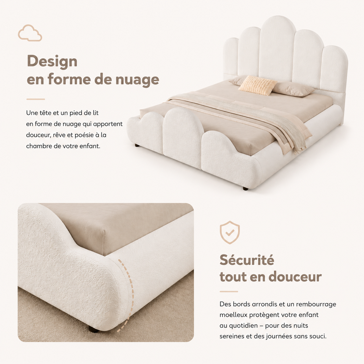 Upholstered Children's Bed 140x200cm with Headboard in Beige Bouclé