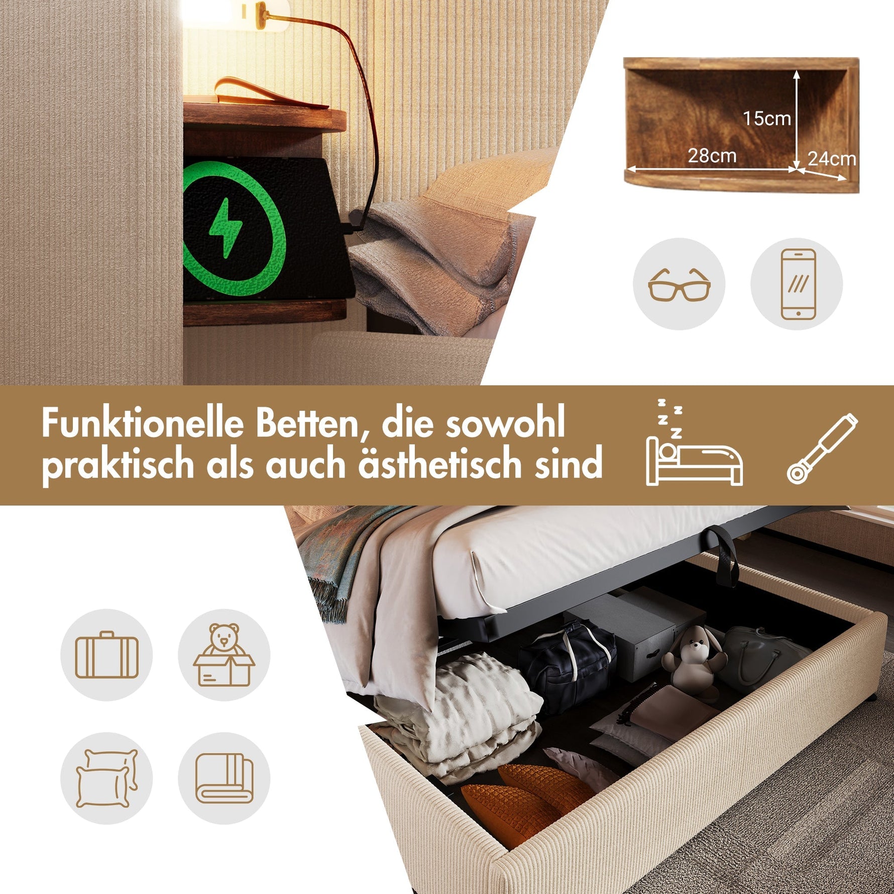 Upholstered Bed, 160x200, Storage, Lamp, USB-C, Beige-White Corduroy