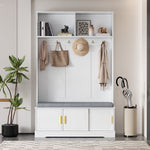 Coat rack with shoe bench, wardrobe, 6 triple hooks, freestanding, space-saving, white