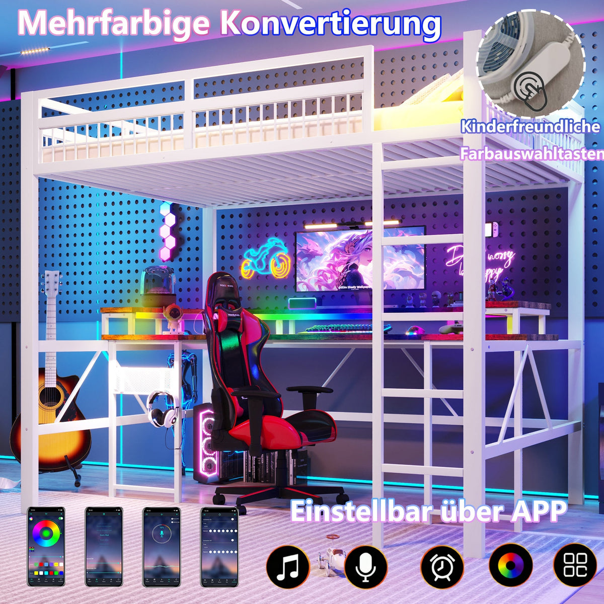 Loft Bed with Desk, LED Light Strip, USB Ports and Pegboard, White Metal Frame