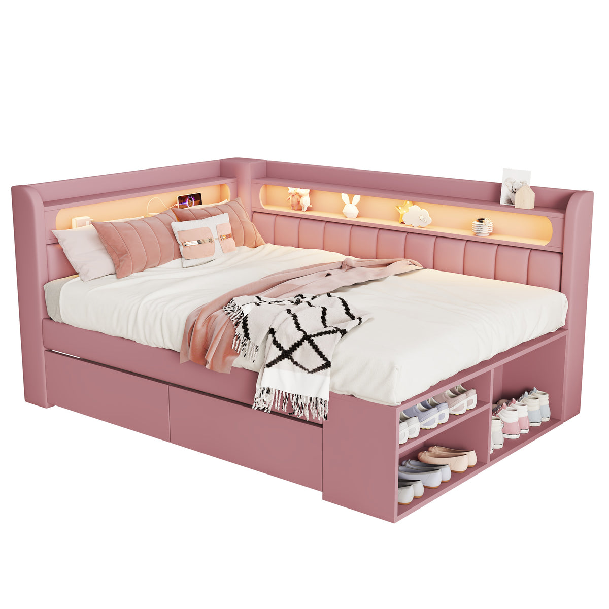 Upholstered Sofa Bed 90x200cm with Drawers & USB, Pink