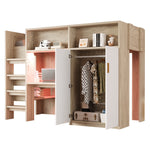 Multifunctional Loft Bed 90x200 with Desk, Wardrobe & Storage, Wood