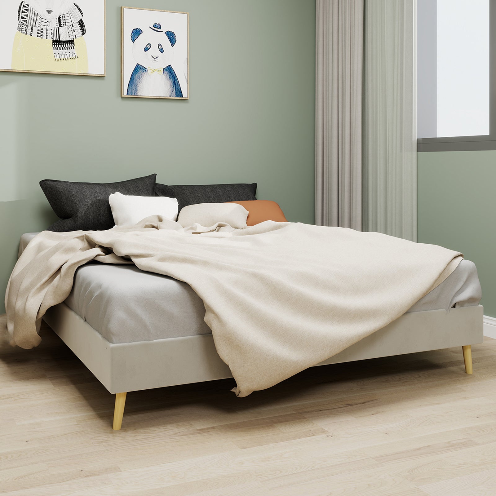 Modern Minimalist Bed Frame, Low-Profile 160x200 cm, Beige Dutch Velvet
