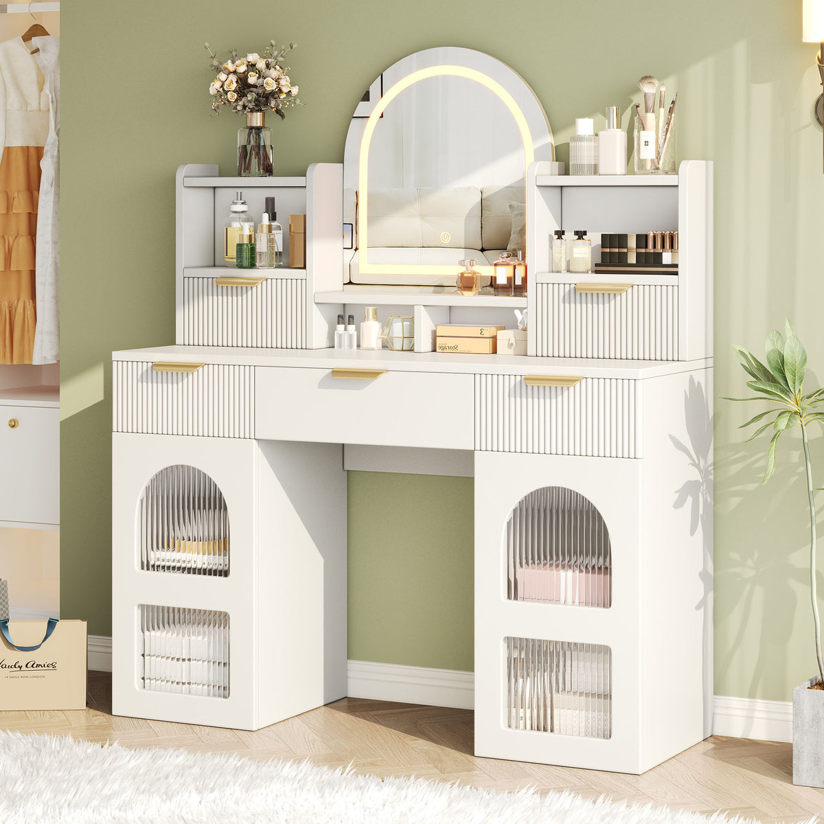 Large Dressing Table with LED Mirror, 3 Drawers & Shelves, White