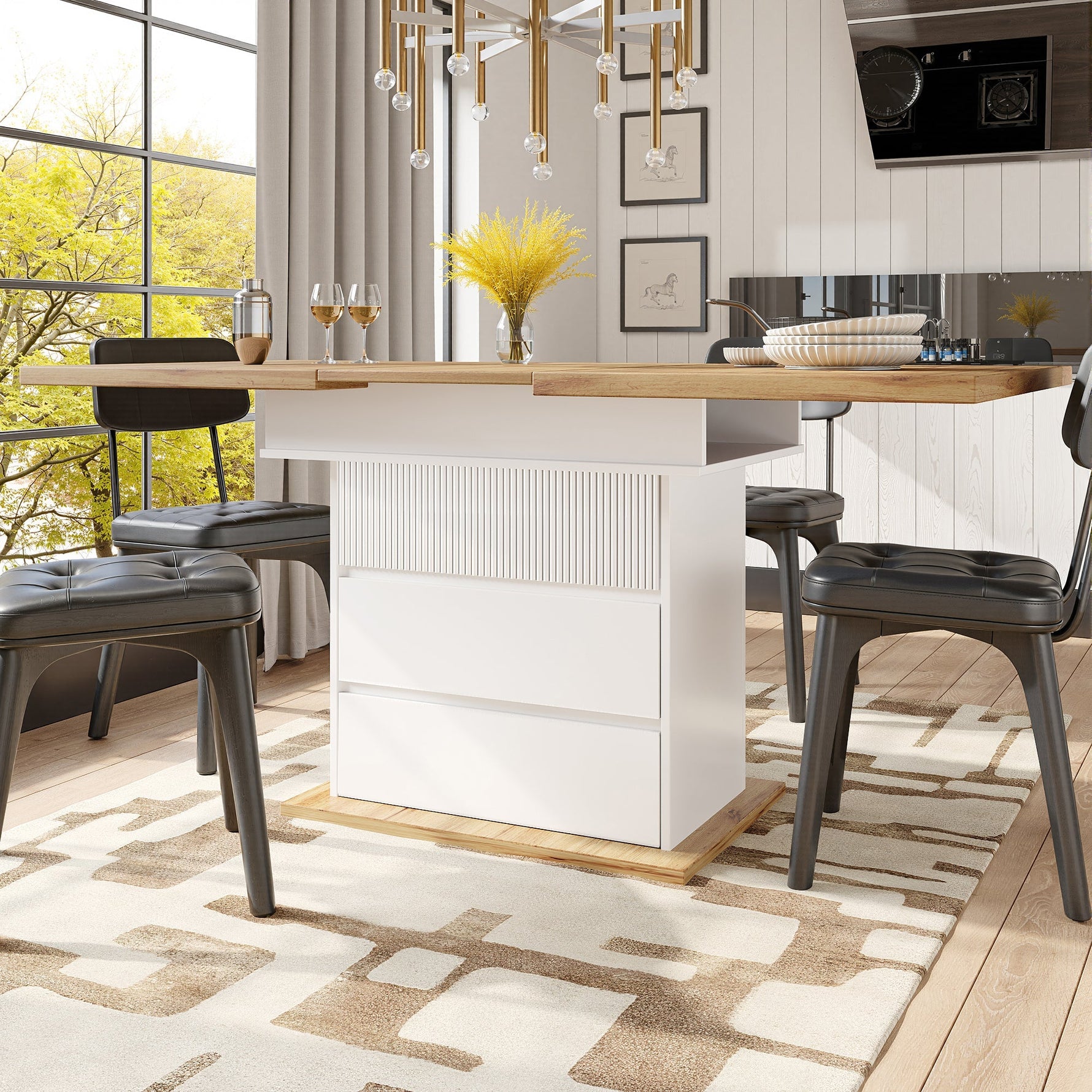 Extendable Telescopic Dining Table with Three Shelves for 4-6 People, White