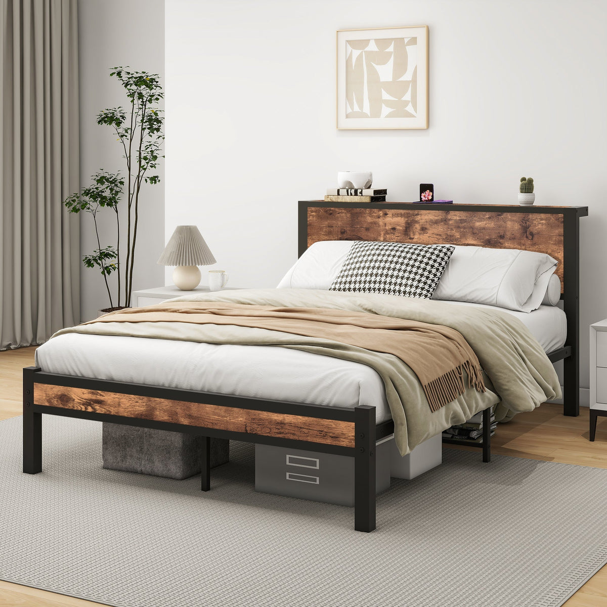 Metal Platform Bed Frame 140x200cm Storage Headboard Noiseless, Vintage Brown