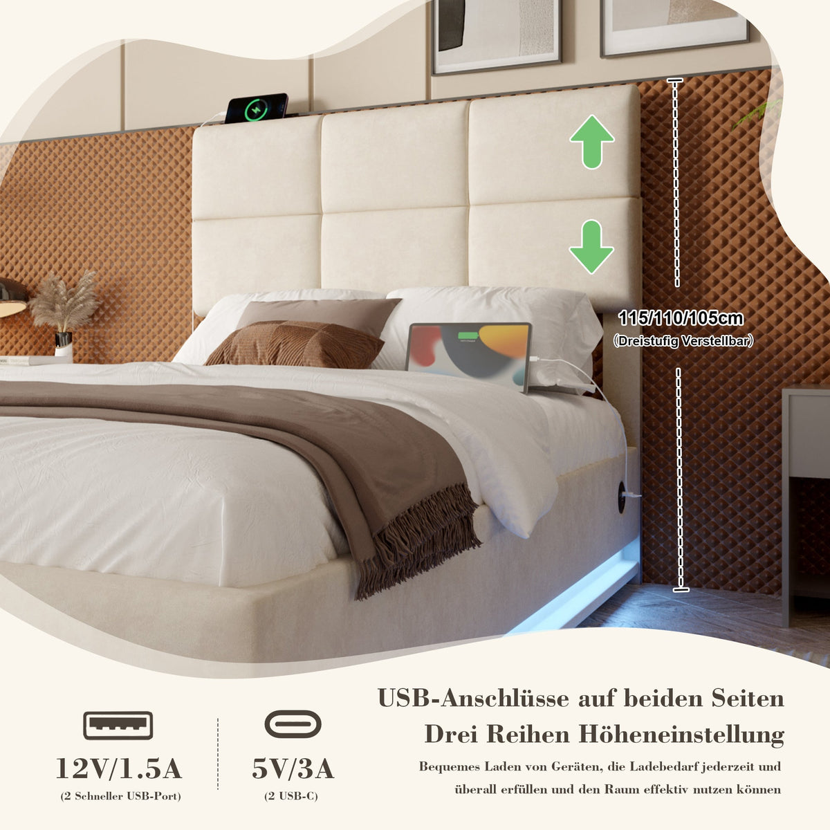 Modern Velour Upholstered Bed 90x200cm Adjustable Headboard USB/LED Hydraulic Storage, Beige