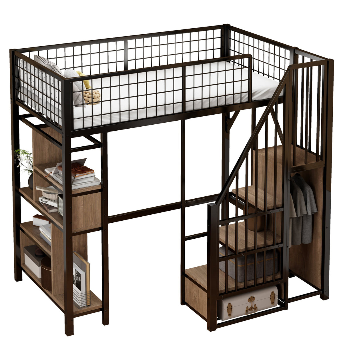 Loft Bed, 90 x 200 cm, Storage, Shelves & Stairs, Metal Black