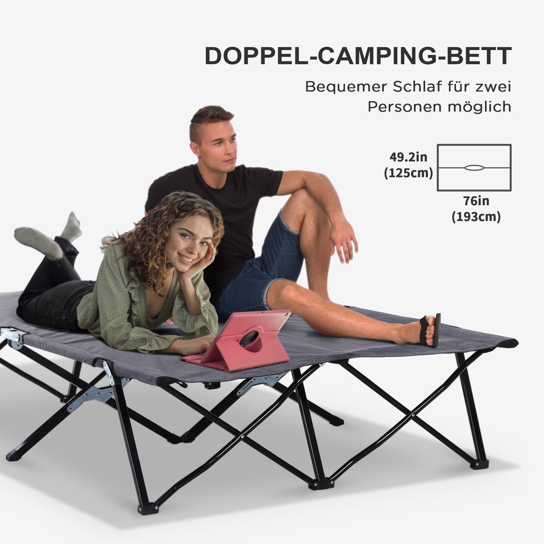 Folding Camping Bed, 2 Person, 136 kg, Steel Oxford Grey