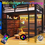 Loft Bed 140x200cm with 8 Drawers & LED Lighting, Black Metal