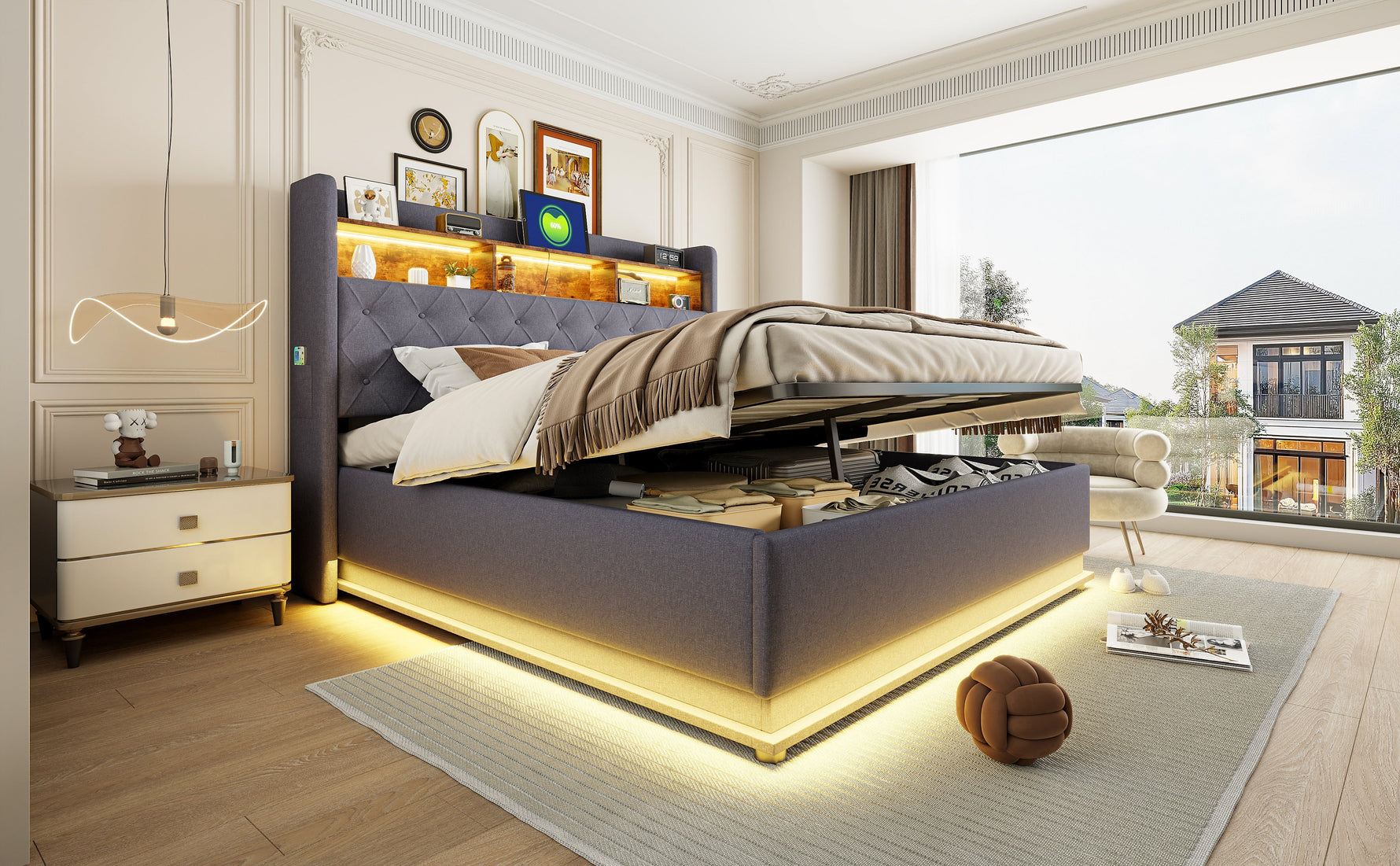 LED upholstered bed with USB and hydraulic storage, linen grey