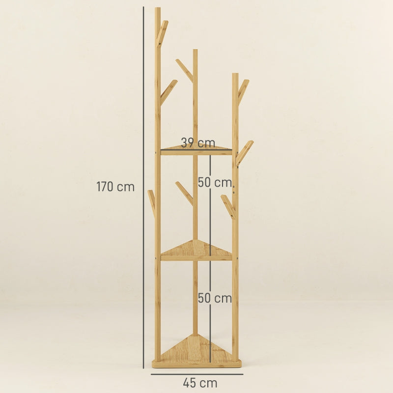Coat Rack, 8 Hooks, 3 Tiers, Bamboo, Natural