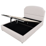 Upholstered Bed 140x200 with Hydraulic Storage and Wide Headboard, Striped Fabric White and Coffee
