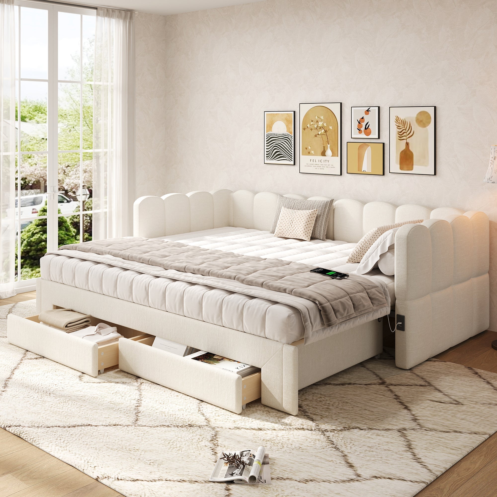 Upholstered Daybed Sofa Bed Extendable 90x200cm Storage Drawers USB Port Beige Linen