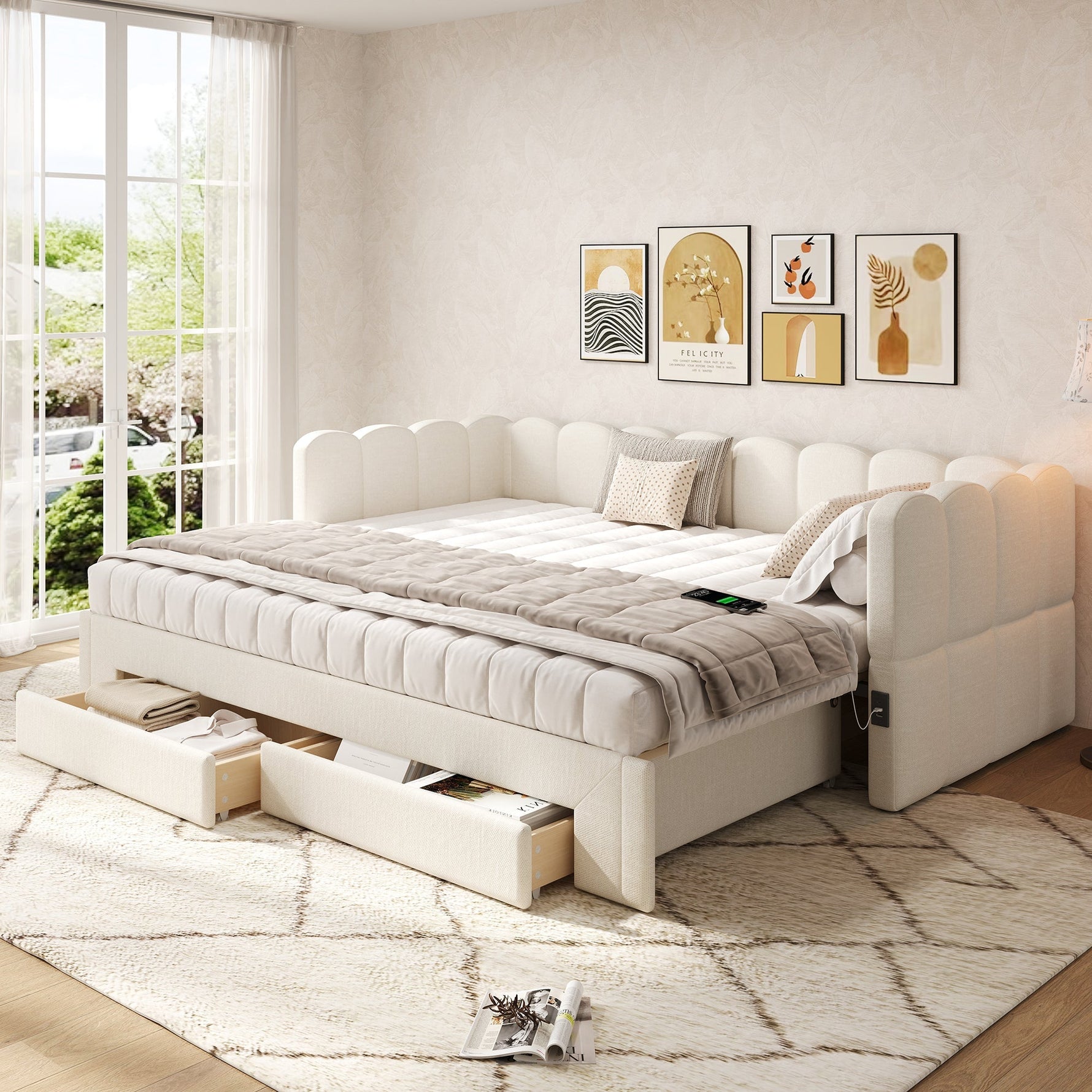 Upholstered Daybed Sofa Bed Extendable 90x200cm Storage Drawers USB Port Beige Linen