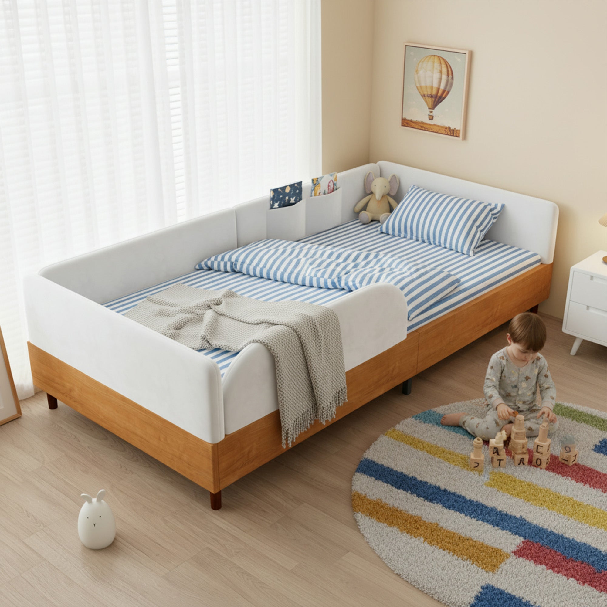 Upholstered Single Bed with 2 Storage Pockets and Anti-Collision Edge, 90x200cm, White Velvet and Wood