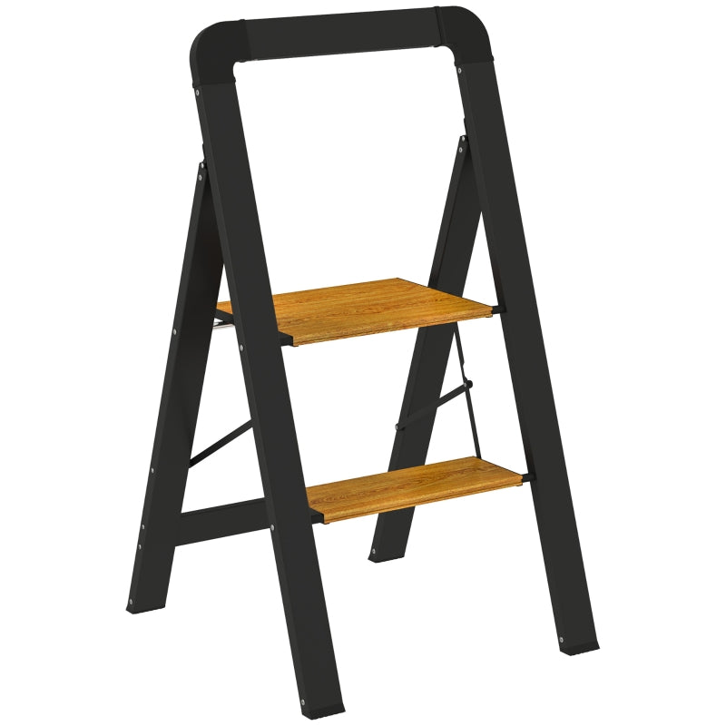 Folding Stepladder 2-Step, Handle, Non-Slip, 150 kg, Aluminium Black