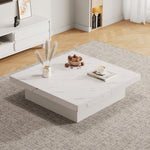 Modern white square coffee table, 90 x 90 x 25 cm with four drawers, sliding tabletop, 30 kg load capacity, marble look