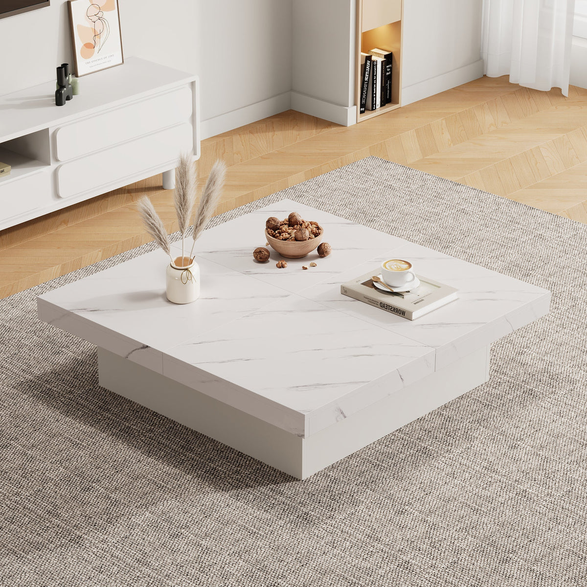 Modern white square coffee table, 90 x 90 x 25 cm with four drawers, sliding tabletop, 30 kg load capacity, marble look