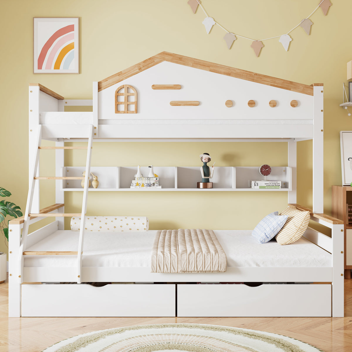 Bunk Bed, Children's with Drawers & Ladder, Pine+MDF White+Natural