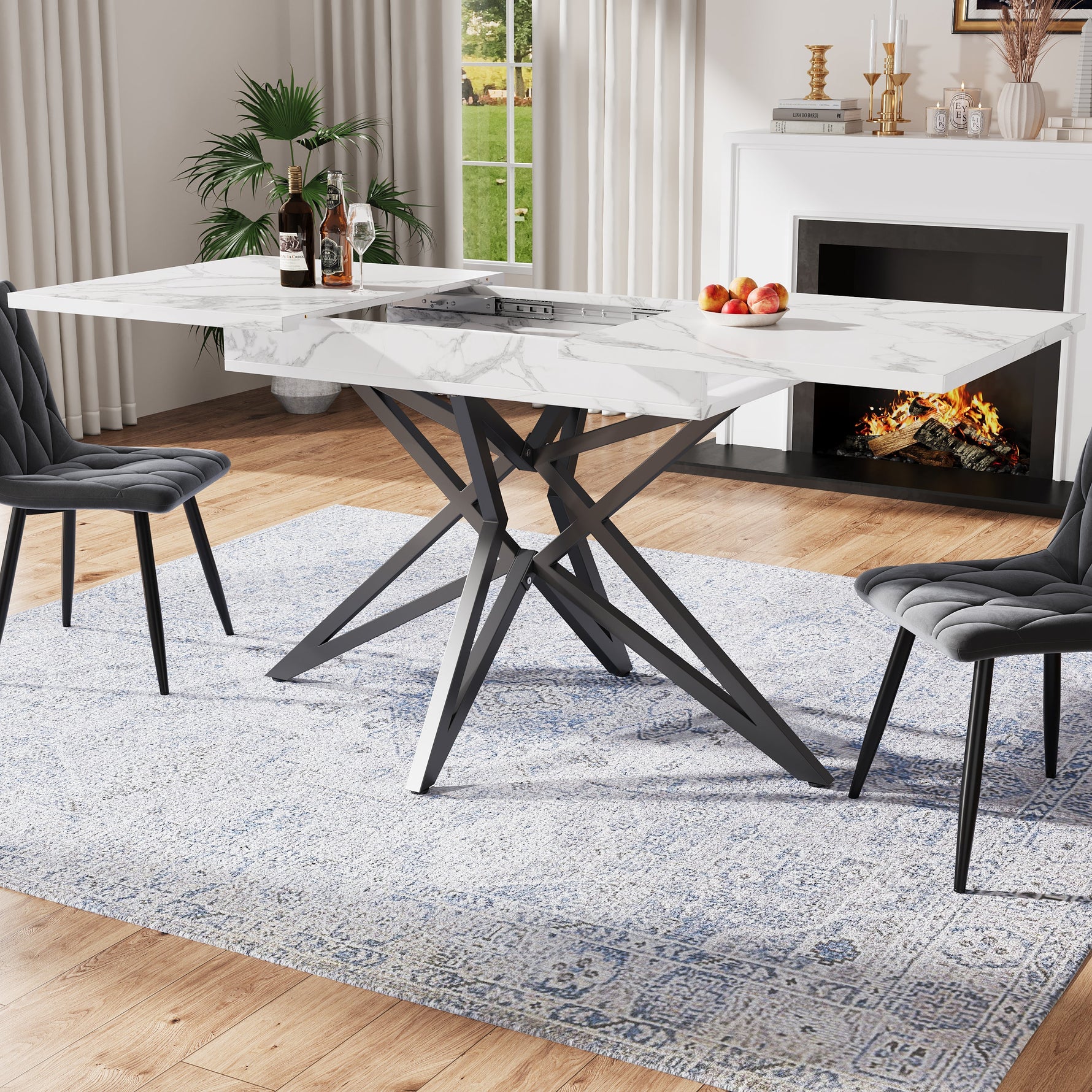 Dining Table Set Extendable 120/160cm 4 Chairs Diagonal Velvet - Dark Grey
