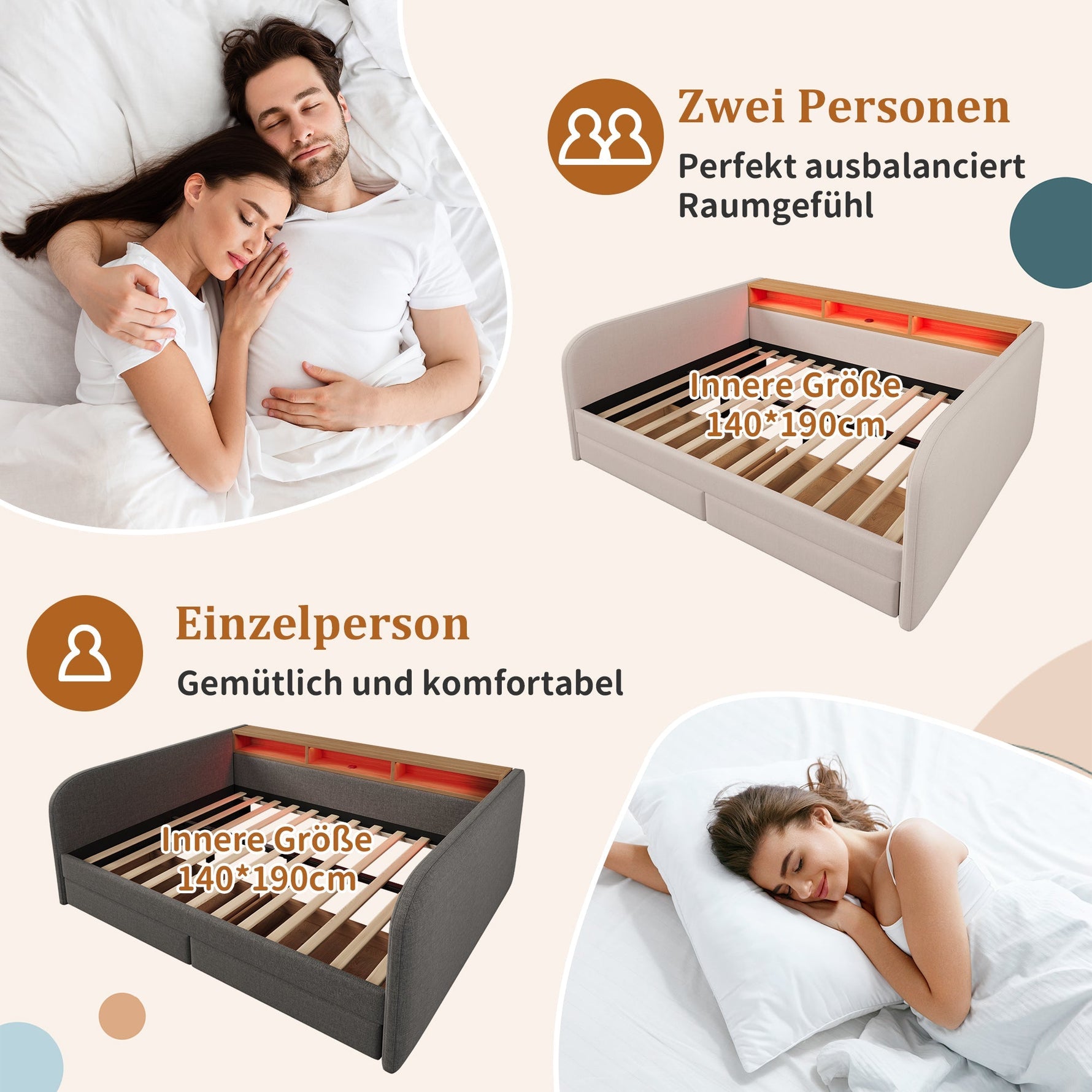 Upholstered Daybed with LED, USB-C, 2 Drawers and Storage Headboard, 140x190cm, Light Beige Linen