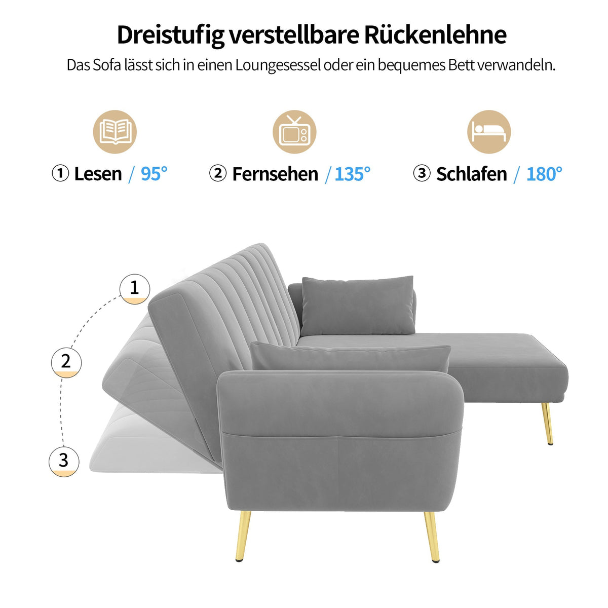 Modern L-Shaped Fold-Out Sleeper Sofa with 3-Position Adjustable Backrest, Velvet
