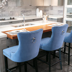 Barstools Set of 2 Velvet Upholstered Button Tufted Wooden Legs - Blue