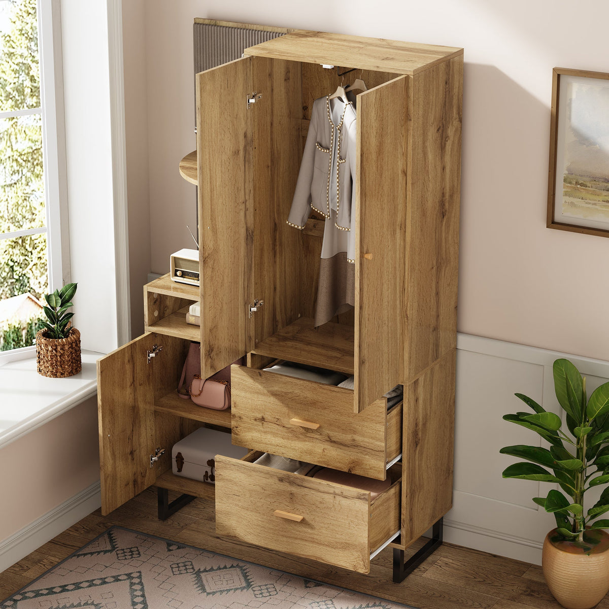 Compact Wardrobe, Hallway Upholstered Panels Shoe Cupboard, 110x186x38 cm