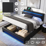 Upholstered Bed with USB Port, LED Lighting and Storage, 140x190cm, Black PU Leather