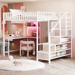 Metal Loft Bed 140 x 200 cm with Desk, Wardrobe, Storage Ladder and LED, White Metal Frame
