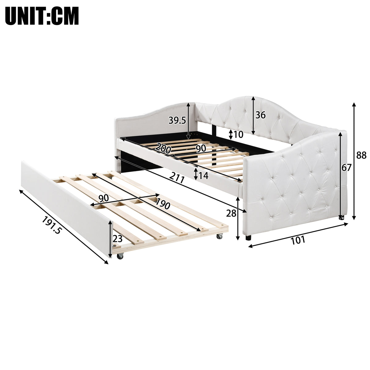 Daybed 90x200cm with Pull-Out Bed, Sofa Bed - Beige Linen