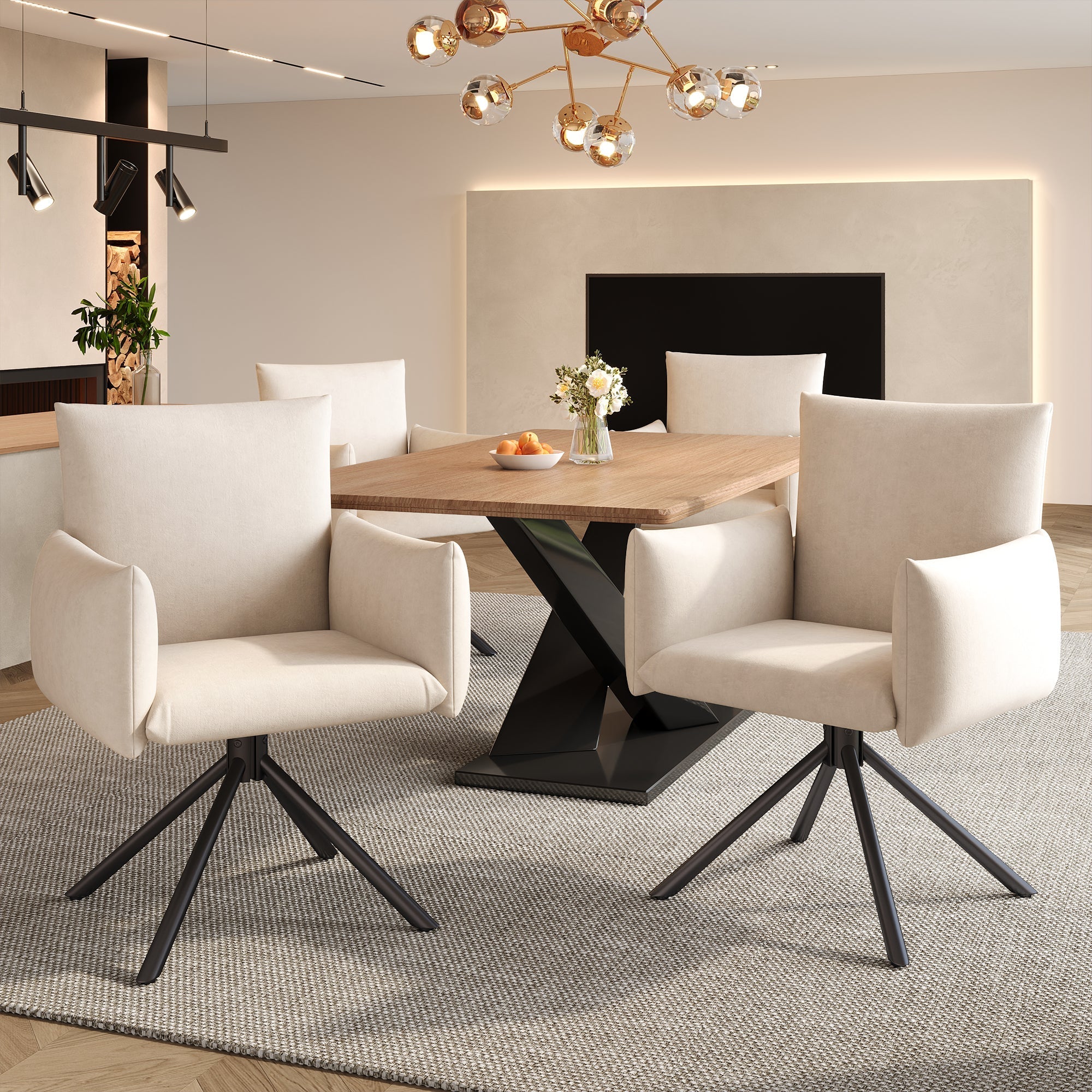 Dining Chairs Set of 4 Upholstered Swivel 360° Lumbar Support - Velvet Beige