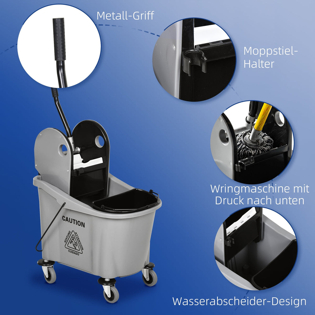 Cleaning Cart with Wringing Device, 36 Liters, Grey