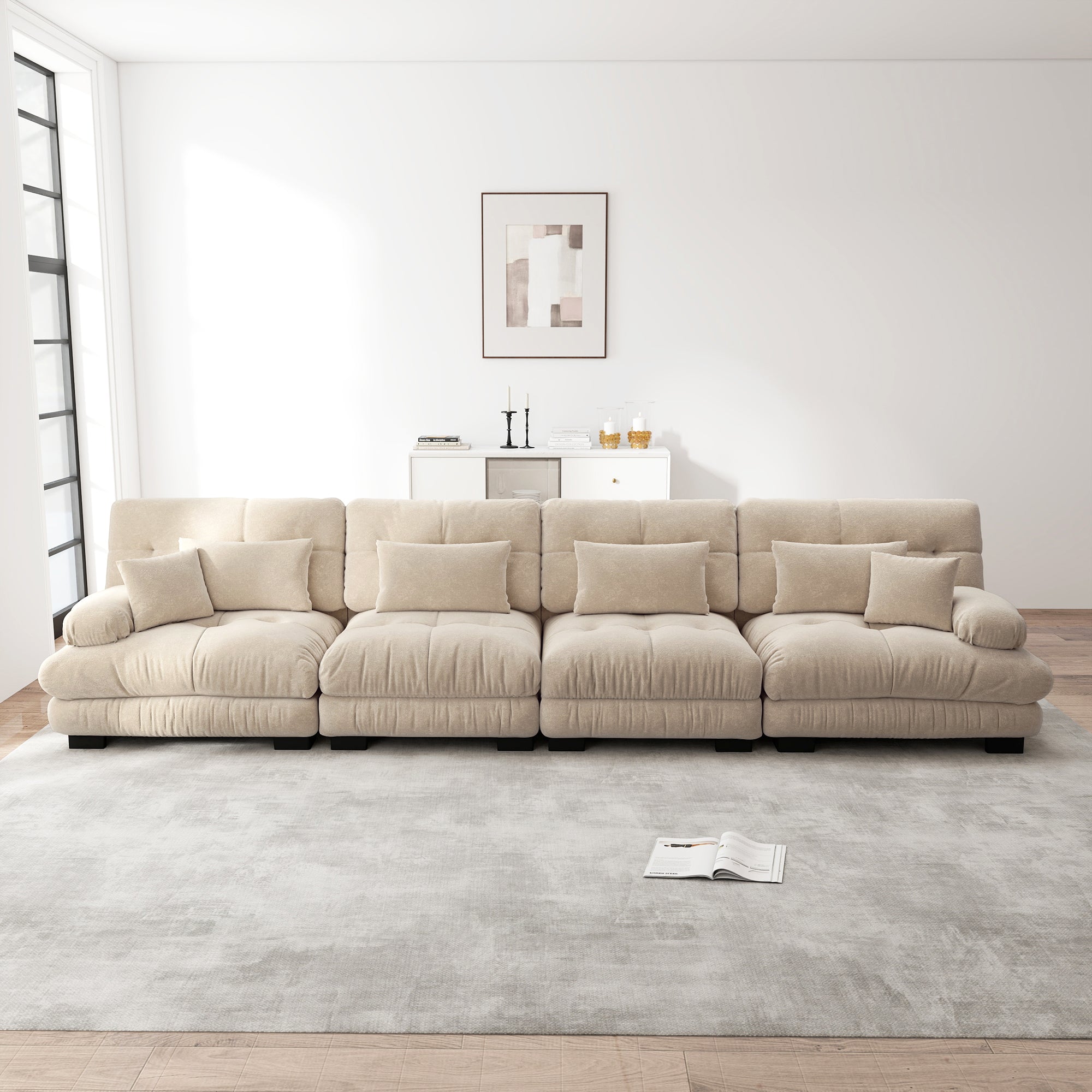 Modular Corner Sofa, 4-Seater Deep Seat Sleeper, Light Brown Chenille