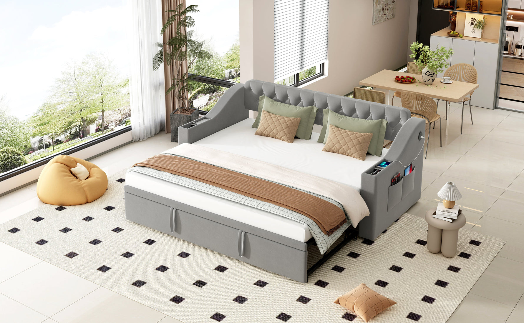 Upholstered Sofa Bed with USB Charging Port, Storage, Slatted Frame, Velvet Fabric, Grey