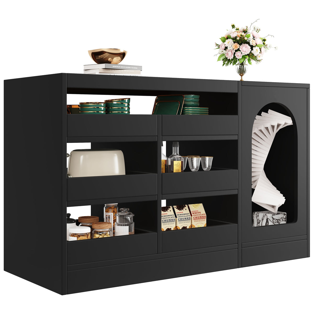 Chest of Drawers Cabinet, Modern 6-Drawer Hollow Door LED Light, Black