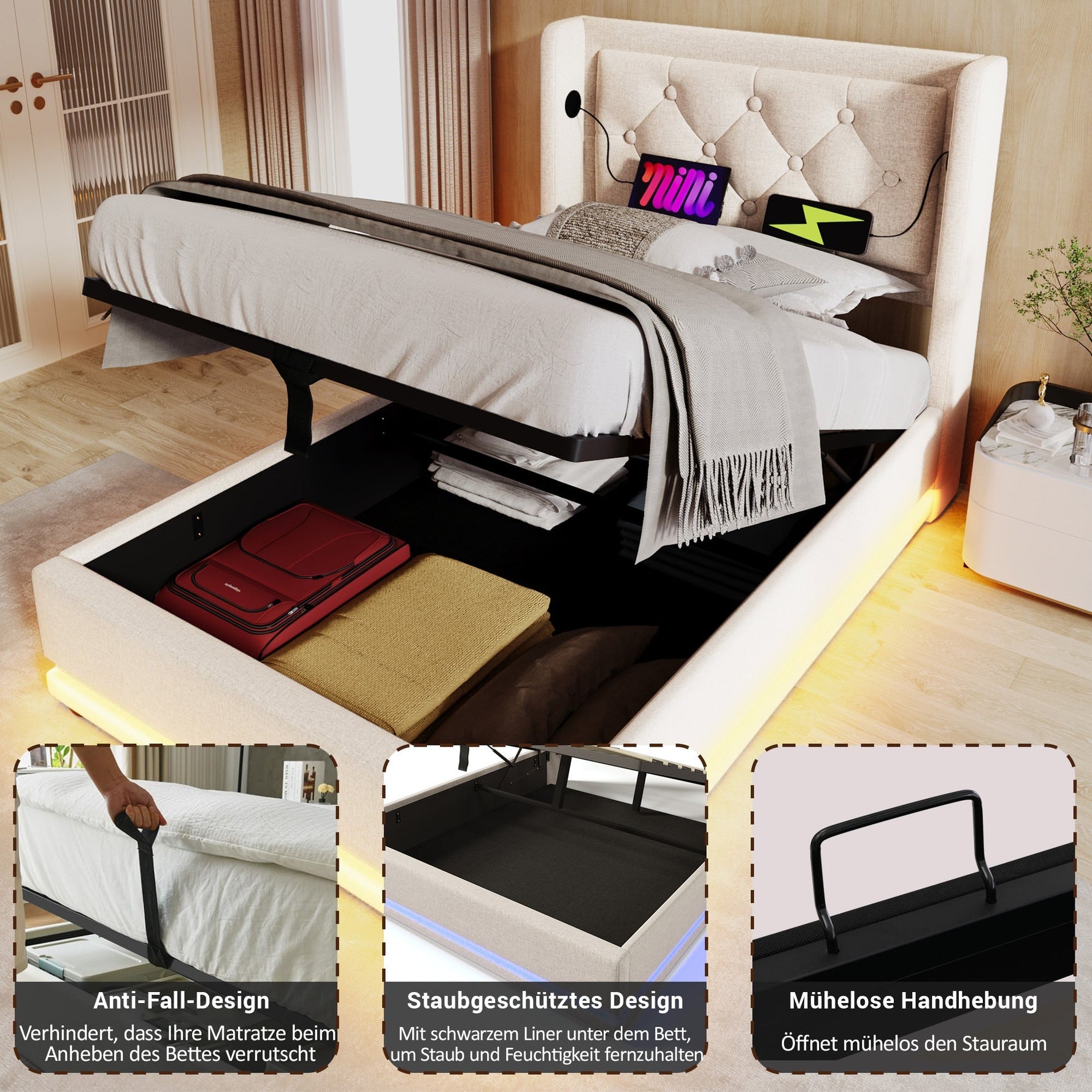 Upholstered Single Bed, Hydraulic Storage with USB & LED, Beige Cotton