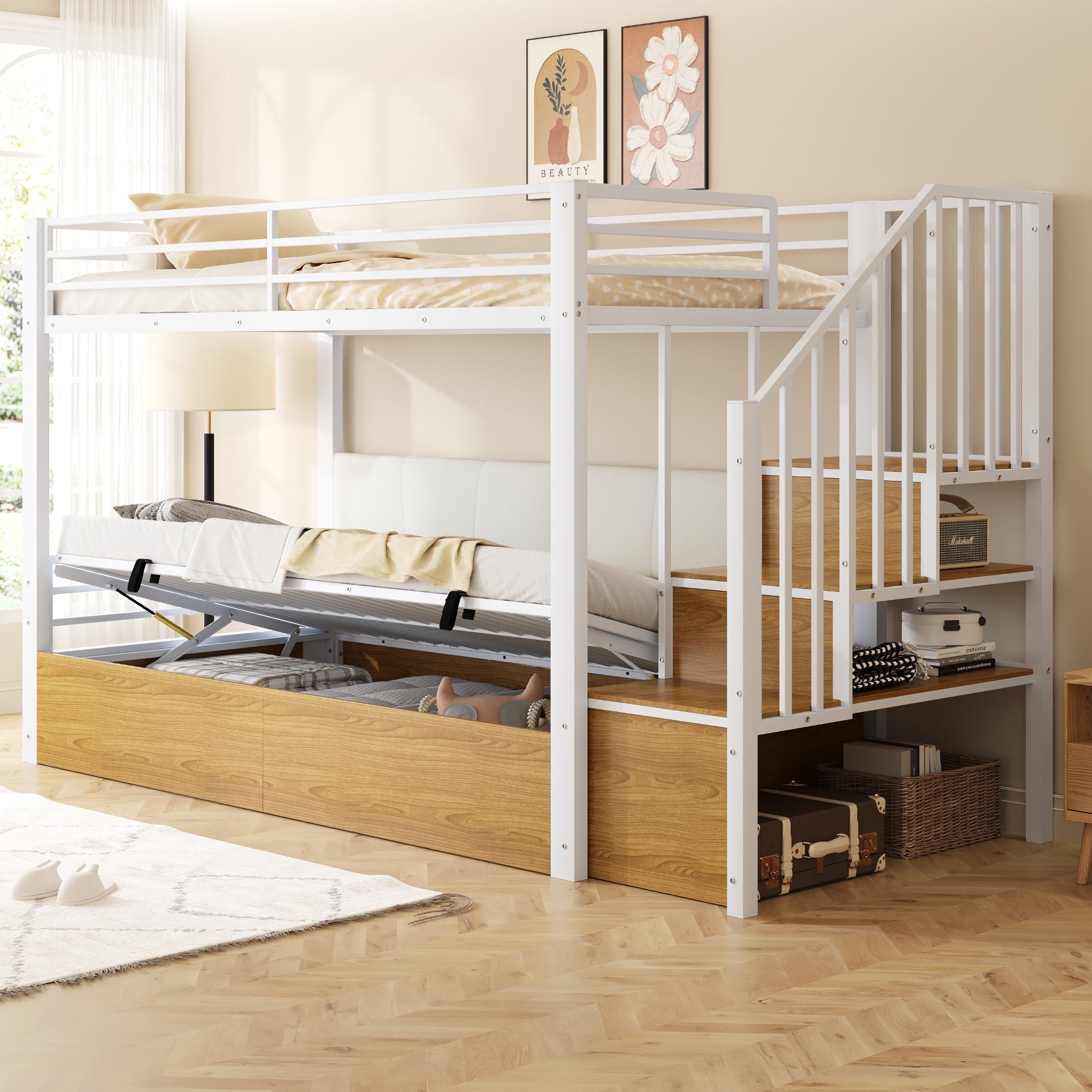 Iron Loft Bed with Padded PU Backrest and Hydraulic Function, 90x200cm, White