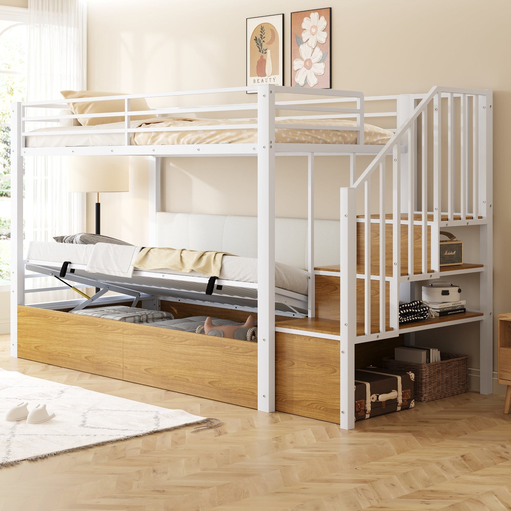 Iron Loft Bed with Padded PU Backrest and Hydraulic Function, 90x200cm, White
