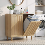 Slanted Laundry Basket with Removable Inner Basket and Bathroom Storage Shelf, Oak Wood Color