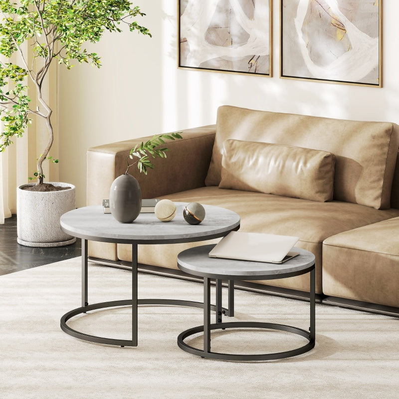 Coffee Table Set - 2 Round Nesting Tables Industrial Metal Frame - Concrete Look/Black